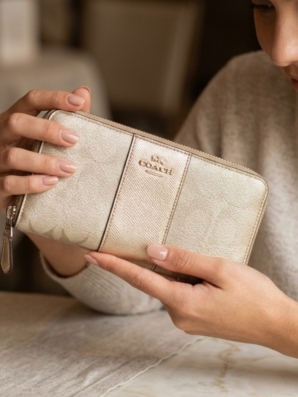 Coach Metallic Cream Zip Around Wallet